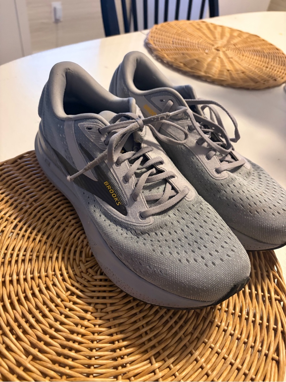 Brooks Light Gray Running Shoes with Yellow Accent